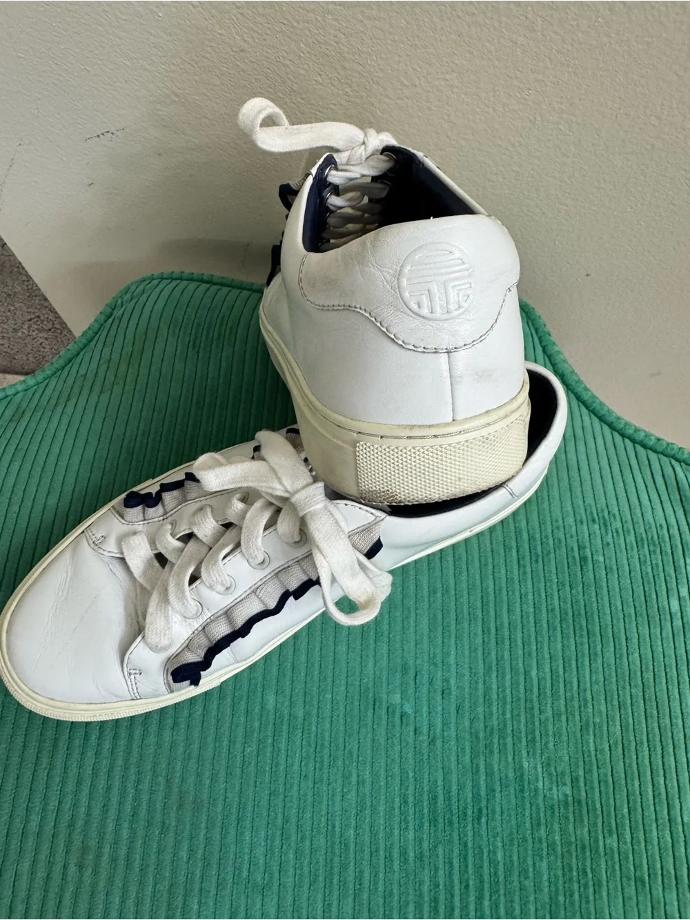 White Leather Sneakers with Navy Trim